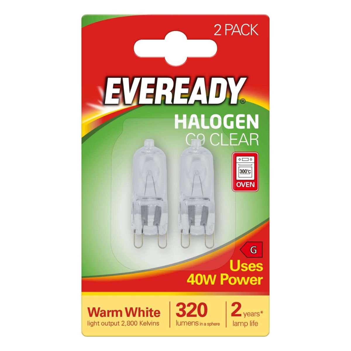 EVEREADY G9 CLEAR HALOGEN 40W OVEN CAPSULE (TWIN PACK)