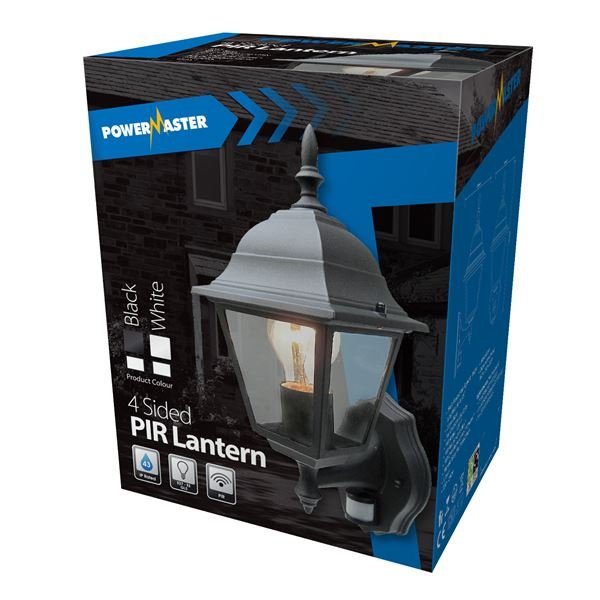 POWERMASTER 4 SIDED BLACK ALUMINIUM WALL LANTERN WITH PIR