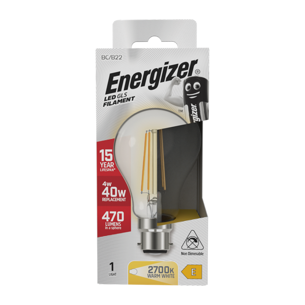 ENERGIZER LED 4.3W (40W) 470 LUMENS B22 FULL GLASS FILAMENT GLS LAMP WARM WHITE 2700K